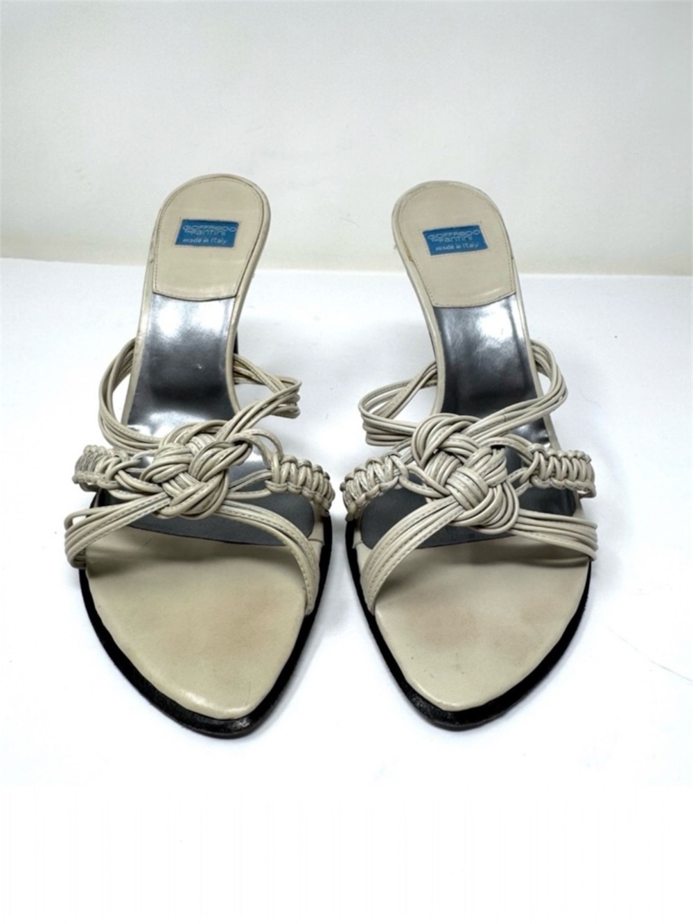 GOFFREDO FANTINI ecru braided leather heel mules, made in Italy, size 38.5